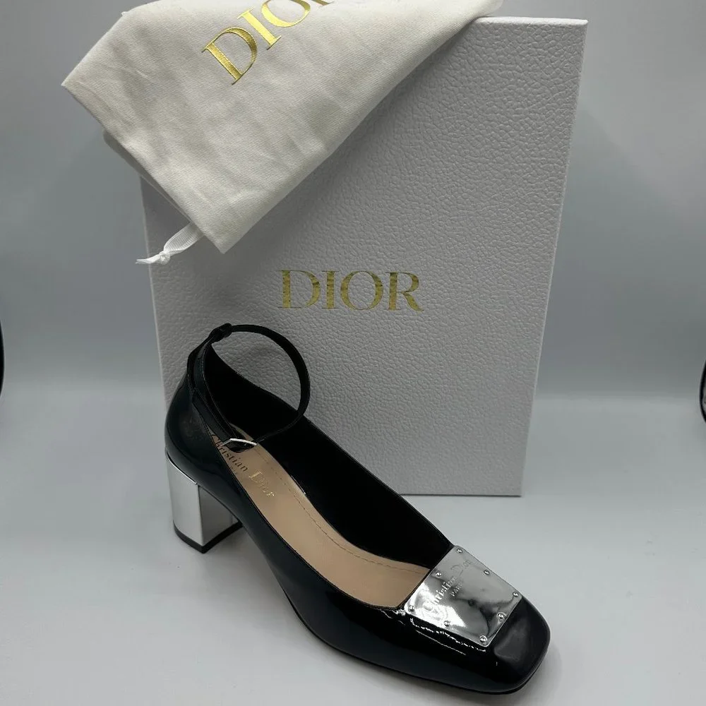 Dior La Parisienne Black Patent Leather Pump with Silver Heel & Ankle Strap FW22 - Picture 4 of 12